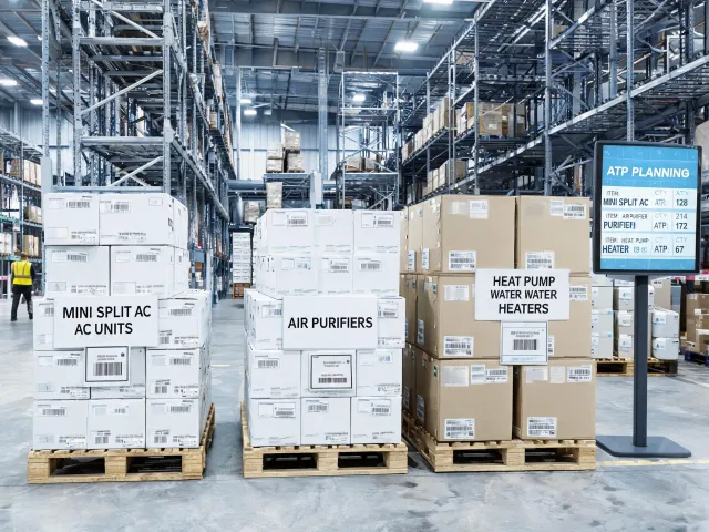 Distributor warehouse with Daikin climate appliance pallets